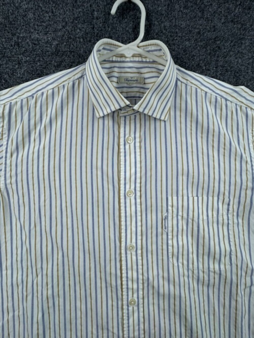 Faconnable Mens Striped Logo Gold Blue 17 Long Sleeve Button Up Shirt Cotton